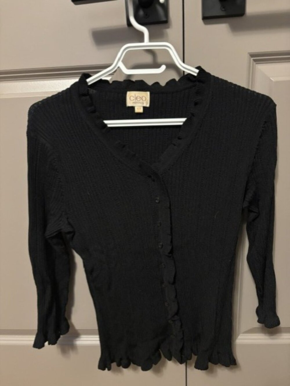 Cleo Petites Black Ruffle Trim Cardigan Sweater Size M